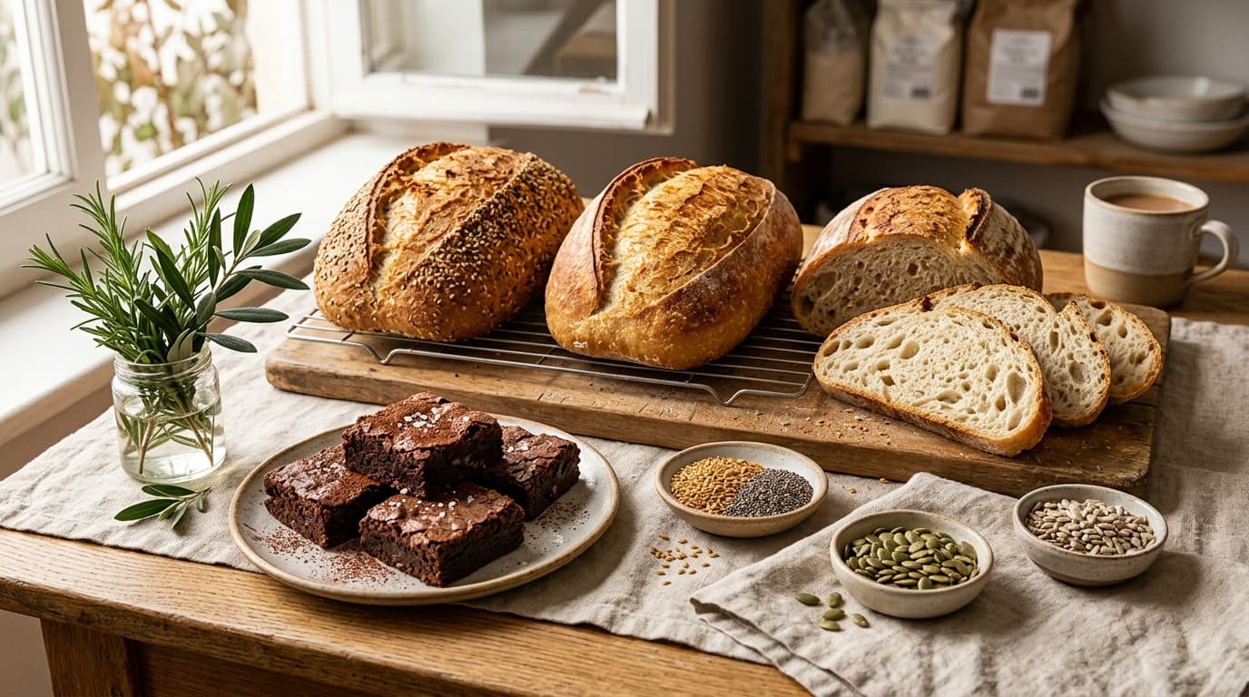 Mesa farta artesanal com pães funcionais de fermentação natural sem glúten, brownies de cacau e sementes nobres
