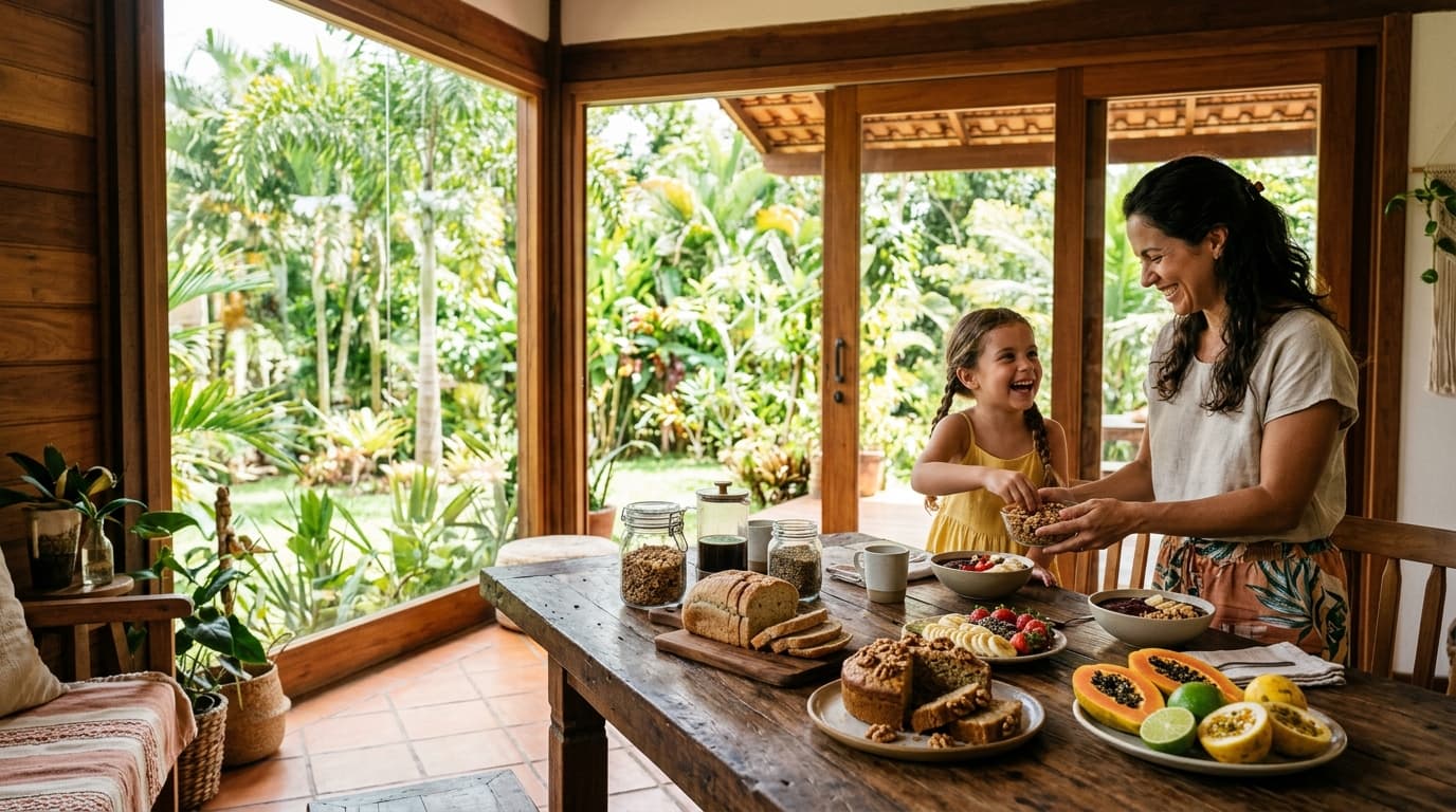 Família em café da manhã saudável com pães e frutas em Boa Vista, Roraima